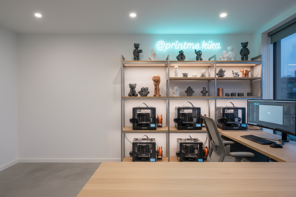 escritorio clean, moderno, lado esquerdo da imagem limpa para sobreposicao de texto, lado direto impressoras bambulab alinhadas em prateleiras, outras pateleiras com peças de decoracao impressas, um painel luminoso na parede escrito @printme.kika e neon turqueza, um set de  computador com tela wide curva grande